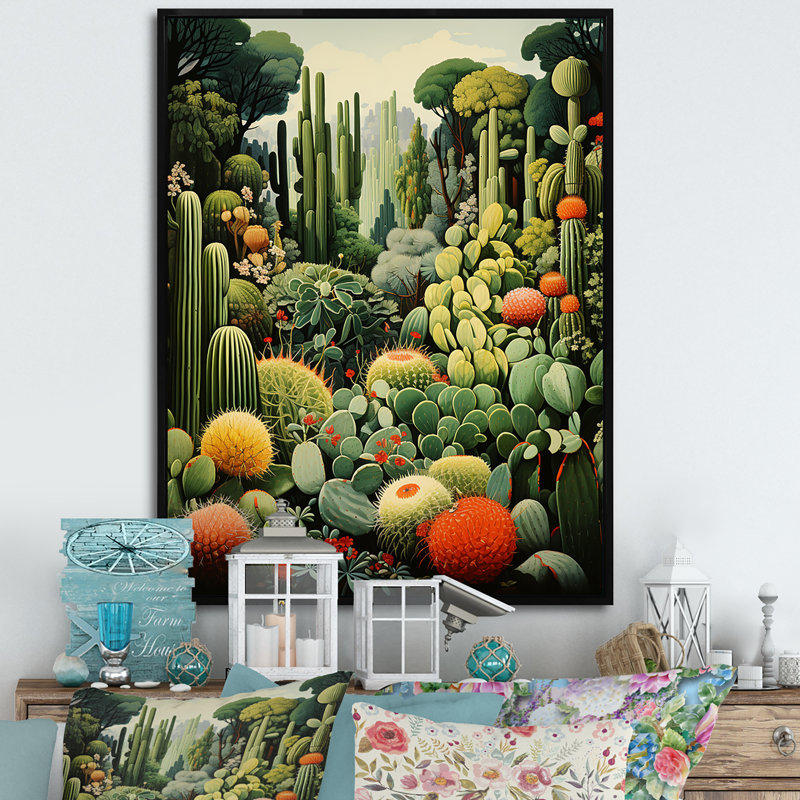Cactus olive oasis sur toile, H 40 po x l 30 po x P 1,5 po, Cadre flottant noir