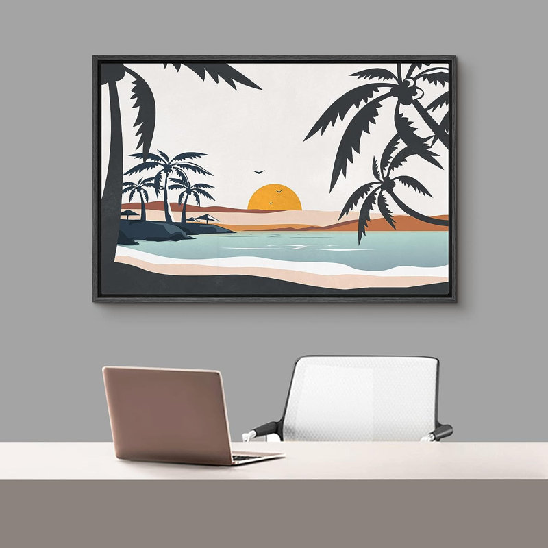 «Coastal Beach Tropical Palm Tree Ocean Beachy Sunset Coastal Decor», reproduction d'art sur toile encadrée, Cadre noir