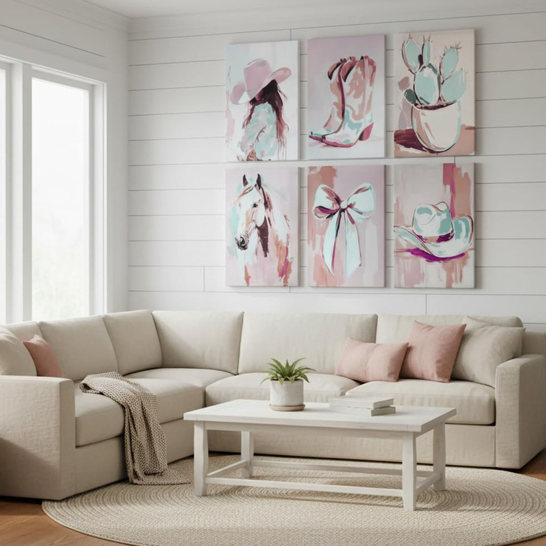 6Pcs Pink Western Cowgirl Canvas Wall Art Coastal Cowgirl Horse Bow Posters Prints Trendy Preppy Room Wall Decor Pictures For Living Room Bedroom Home
