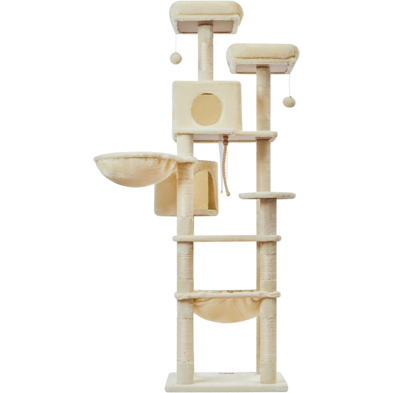 Cat Tree For Cats, Plush Multi-Level Cat Condo With 12 Scratching Posts, 2 Perches, 2Caves, Hammock, 2 Pompoms, Scratch Board For Indoor Cats -MS023LM Beige