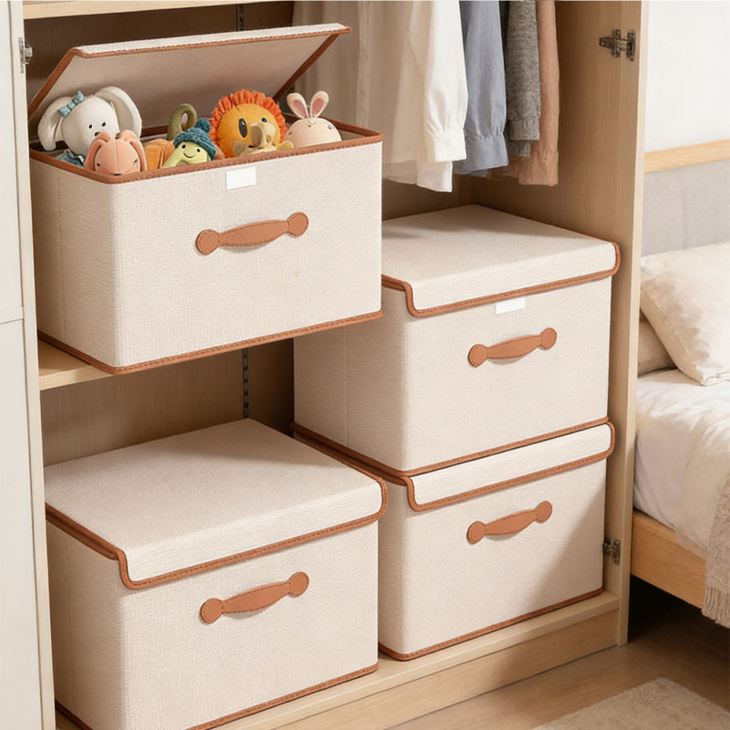 4 Pack Fabric Foldable Storage Bin Cube Organizer Basket with Flip-Top Lid & Handles, Clothes Blanket Box for Home, Office, Closet, Beige