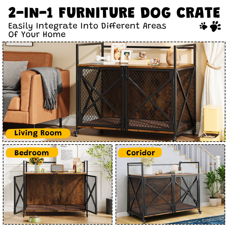Table d'appoint en bois de style campagnard avec cage pour chien, 41 pouces avec roulettes, pour chiens moyens et grands