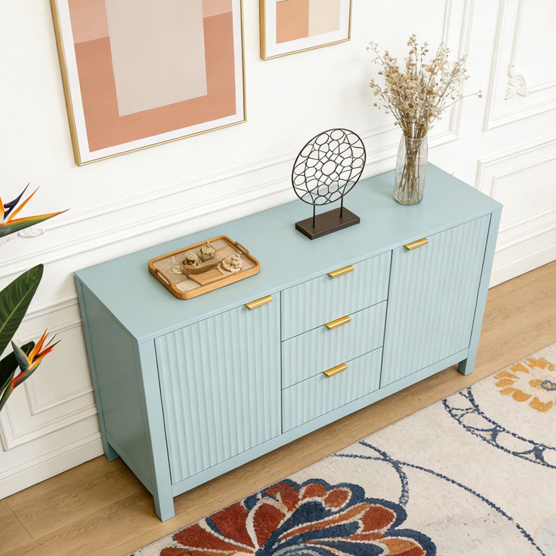 Buffet à motif ondulé - 3 tablettes réglables, 3 tiroirs et portes à fermeture en douceur, Cyan