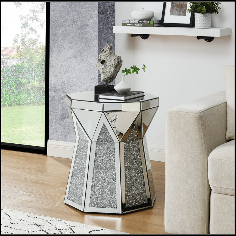 Table basse de style tambour avec incrustation de cristal miroir, table décorative argentée, meuble moderne de luxe moderne, table basse de 20 pouces (environ 50 centimètres), convenant au salon