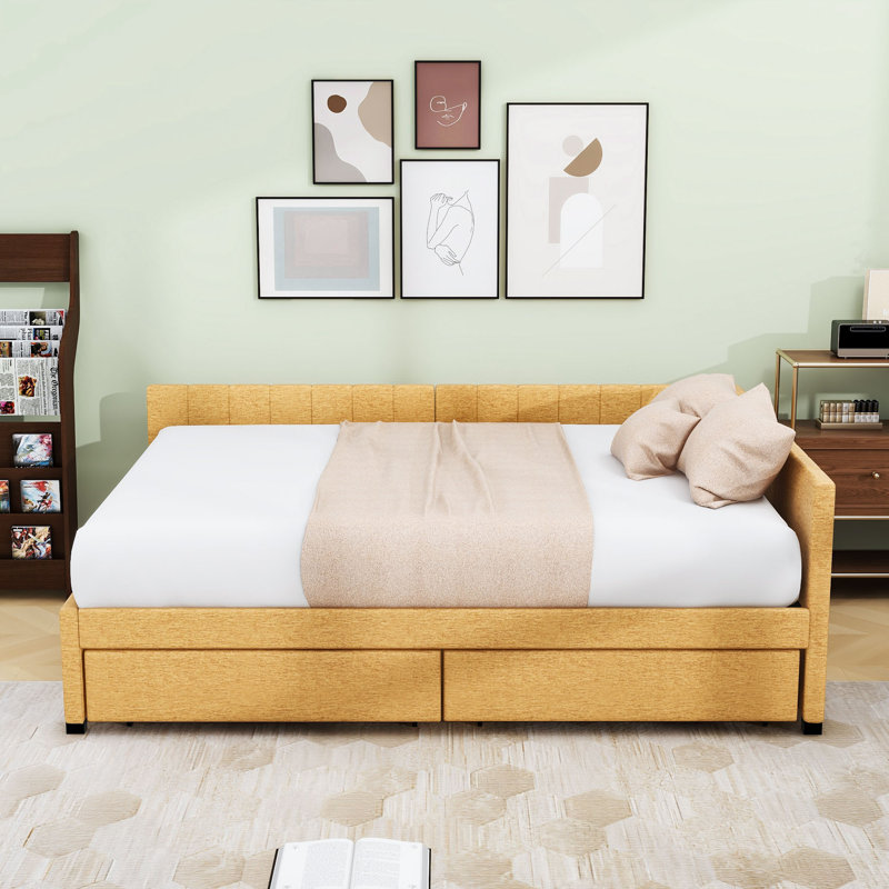 Full Size Upholstered Daybed with Built-in Storage and Durable Frame, Yellow