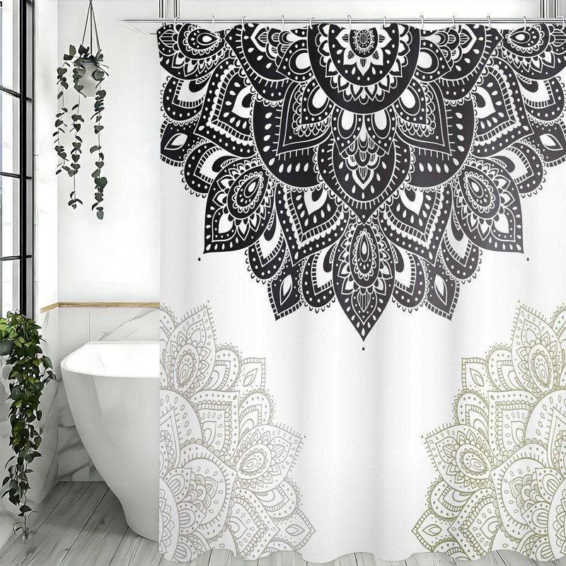 Rideaux de douche avec crochets inclus, Motif floral noir