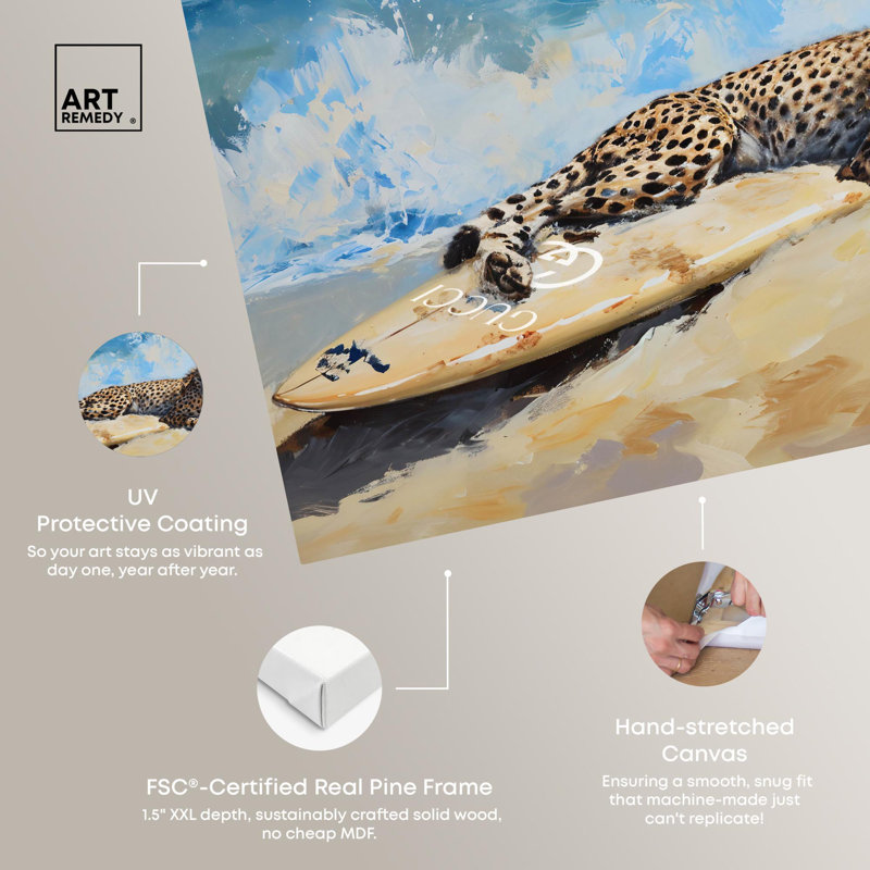 «Cheetah Beach Surfer», art mural Glam Beach par Art Remedy, H 36 po x l 54 po, Toile tendue