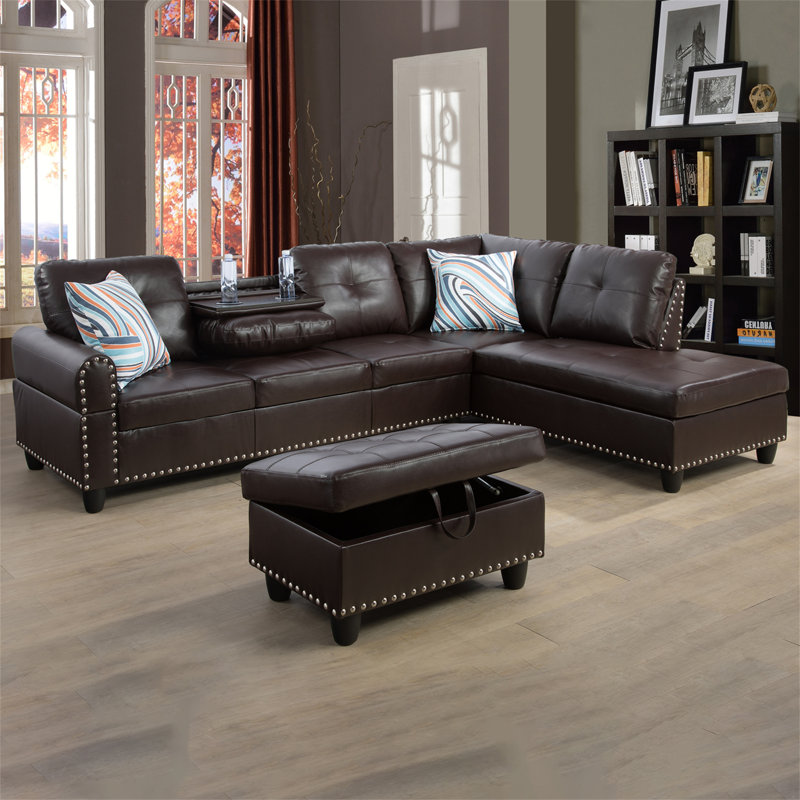 Plyler 97.2" Wide Modular Sectional with Ottoman, Right Hand Facing, Brown Faux Leather
