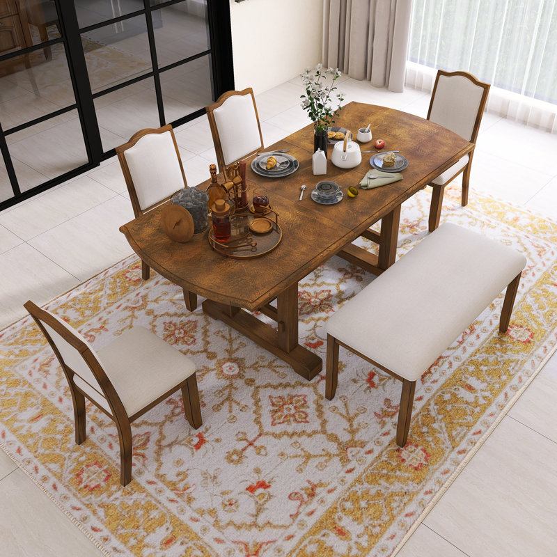 Ensemble de table de salle à manger extensible 76,89 "moderne 6 pièces avec rallonge amovible, 4 chaises et banc, Brun