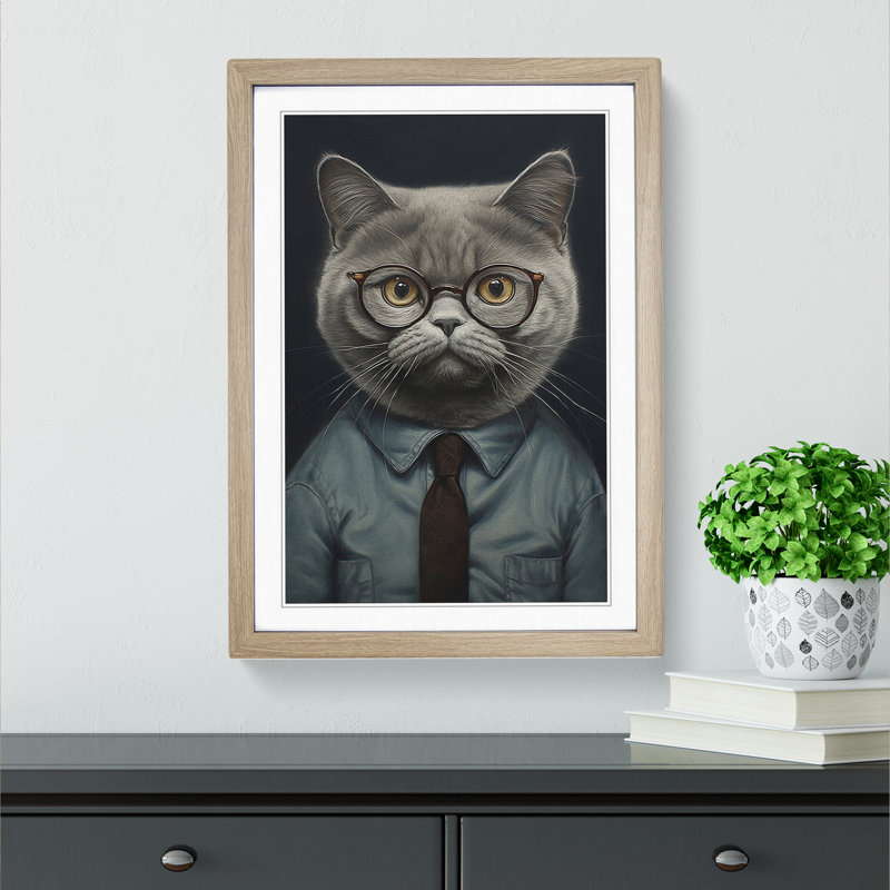 British Shorthair Cat With Glasses Painting - Single Picture Frame Print on Wood, Oak Framed, 64cm H x 46cm W x 2cm D