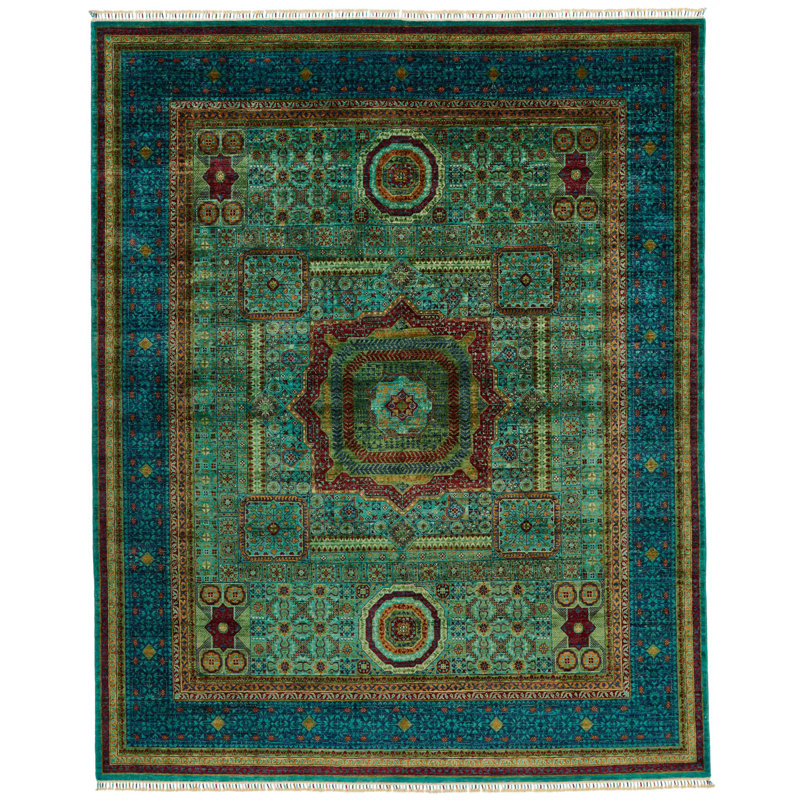 Tapis tribal turc vert et bleu 8 x 10