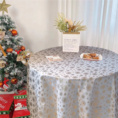 Seasonal Xmas Christmas Holiday European Stars Winter Snowflakes Solid White Pattern, Polyester Woven Foil Printed Fabric, 70 inch Round, Seats 4 to 6 people, Tablecloths