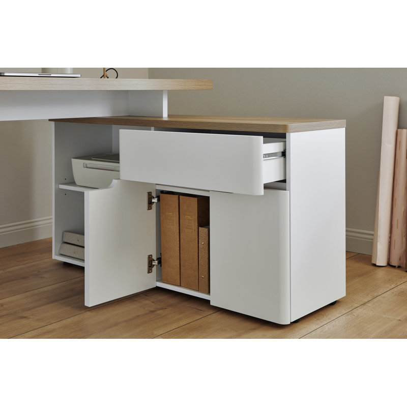 Hollice 140Cm W L-Shape Credenza Desk with Cabinet, Gray/Riviera Oak White