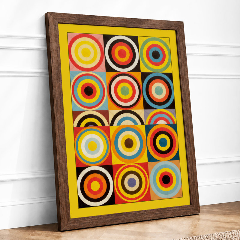 Chromatic Circles Geometric - Framed Print, A4 - 29.7 x 21.0 cm, Walnut