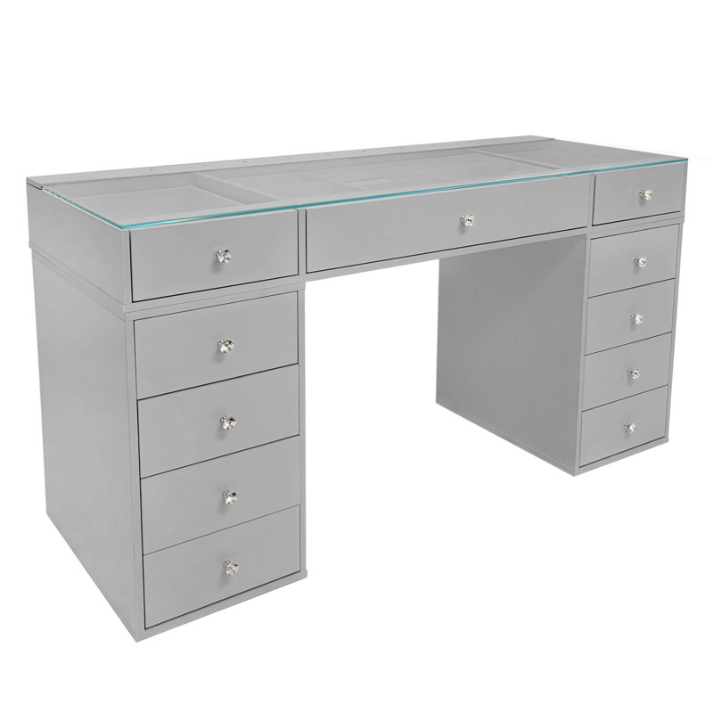 SlayStation Naomi Vanity Desk with Clear View Glass Top, Makeup Table with 3 Drawers Unit, Silver