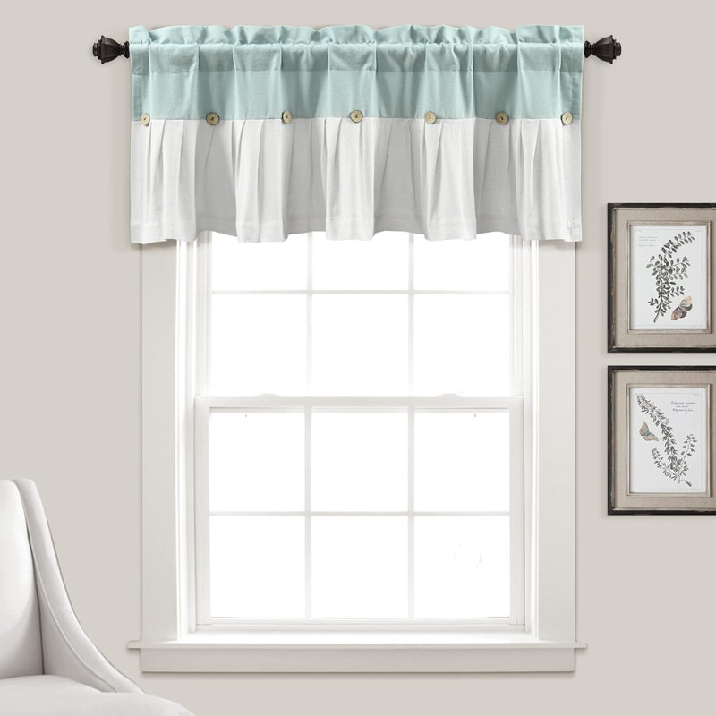 Linen Button Farmhouse Valance, 52" W X 18" L, & - Rustic Kitchen Valance For Windows - Pleated Color Block Design With Coconut Husk Button Detail - Kitchen Curtains Valance