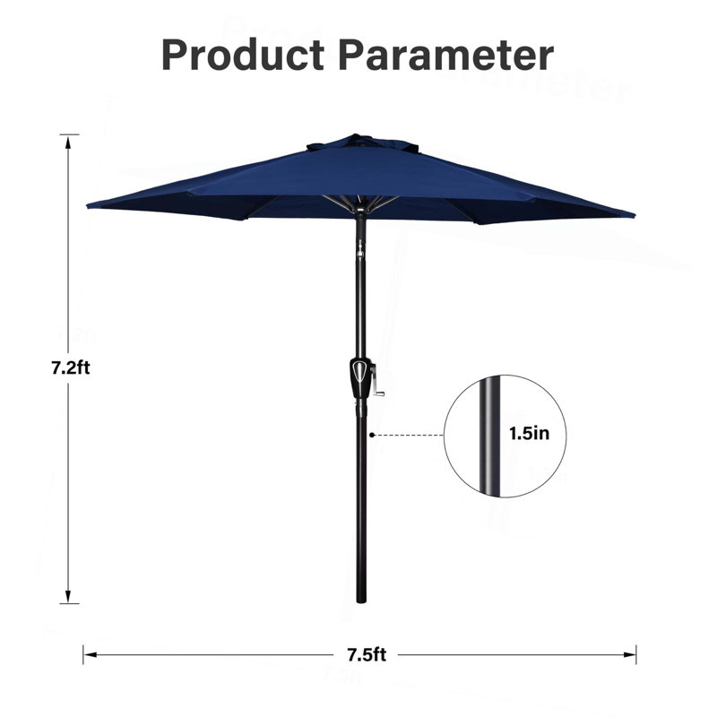 Parasol de jardin simple de 7,5 pi avec 6 boutons inclinables / inclinables pour jardin, terrasse, jardin, piscine, 7,5 pi