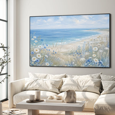 Très grand art mural imprimé sur le littoral avec vue sur la mer et les fleurs de la mer bleue et paysage de plage paisible pour le salon ou la chambre à coucher "Assemblage requis (cadre non fini)"