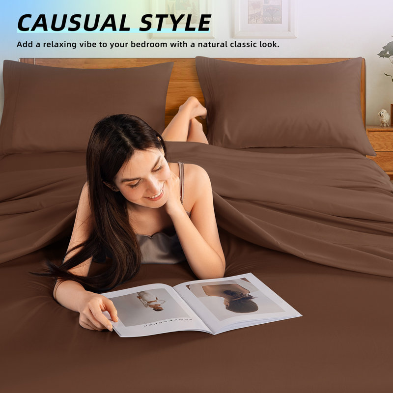 Microfiber Sheet Sets 4 Pieces, CalKing SheetSet 1FittedSheet & 2KingPillowcase, Brown