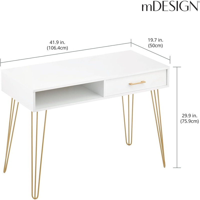 White and Gold Hairpin Leg Desk with Drawer