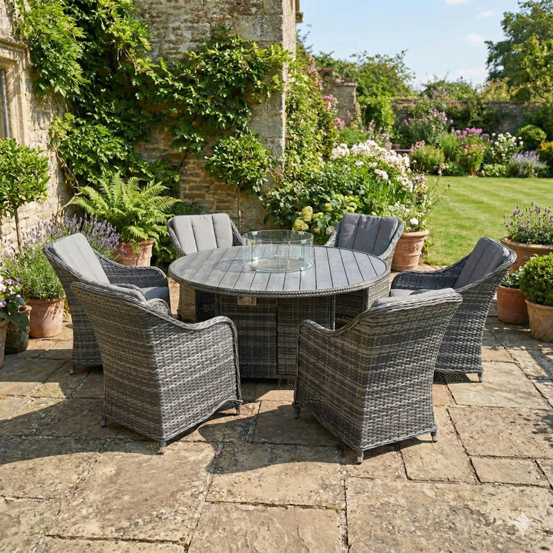 Deshanda 6 - Person Patio Dining Set with Round Table , Cushions Included, Gray