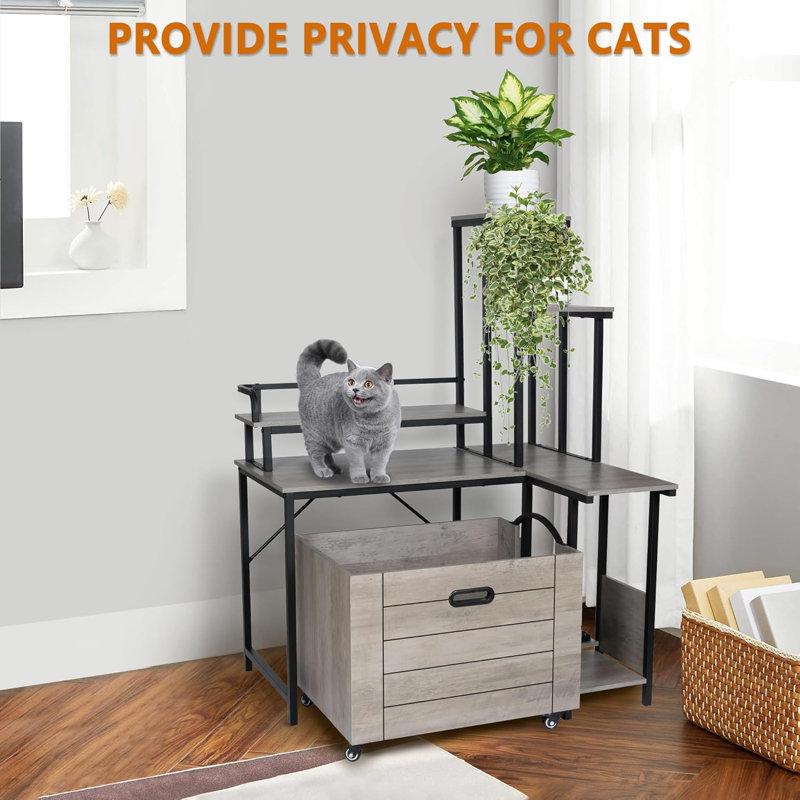 Litter Box Enclosure Cat Tree with 6 Storage Shelves and Pullable Carring Tray, Gray