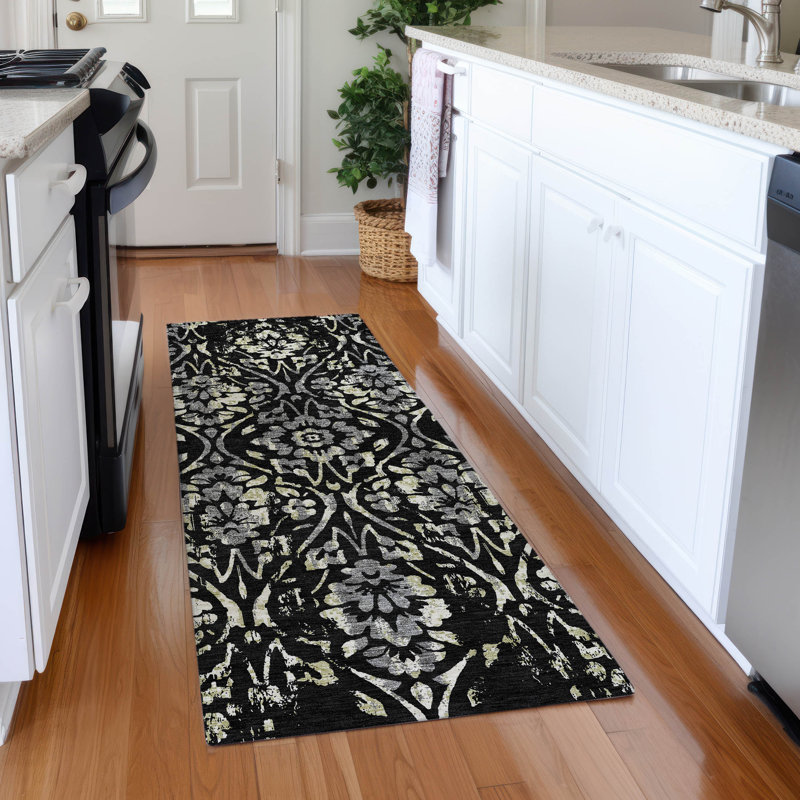Premium Machine Washable Prisco Black Rug, Runner 2'3" x 7'6"