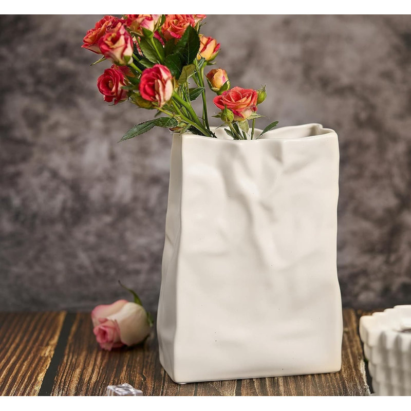 8-Inch Cream White Paper Bag Vase - Crinkle Ceramic Boho Wabi-Sabi Decor, Ideal Gift for Women