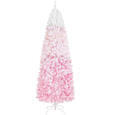 Prelit Slim Artificial Christmas Tree, Flocked Pencil Xmas Tree with Lights, Realistic Branches & Metal Stand