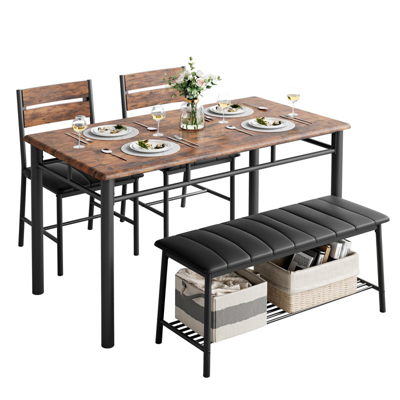 Ensemble de table de salle à manger 4 pièces pour 4 personnes avec banc rembourré et 2 chaises, Brun