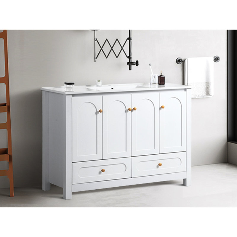 Meuble-lavabo blanc 48 po avec lavabo en céramique - Espace de rangement abondant 4 portes à fermeture douce et 2 tiroirs en bois massif méticuleusement conçus pour un entretien sans tracas