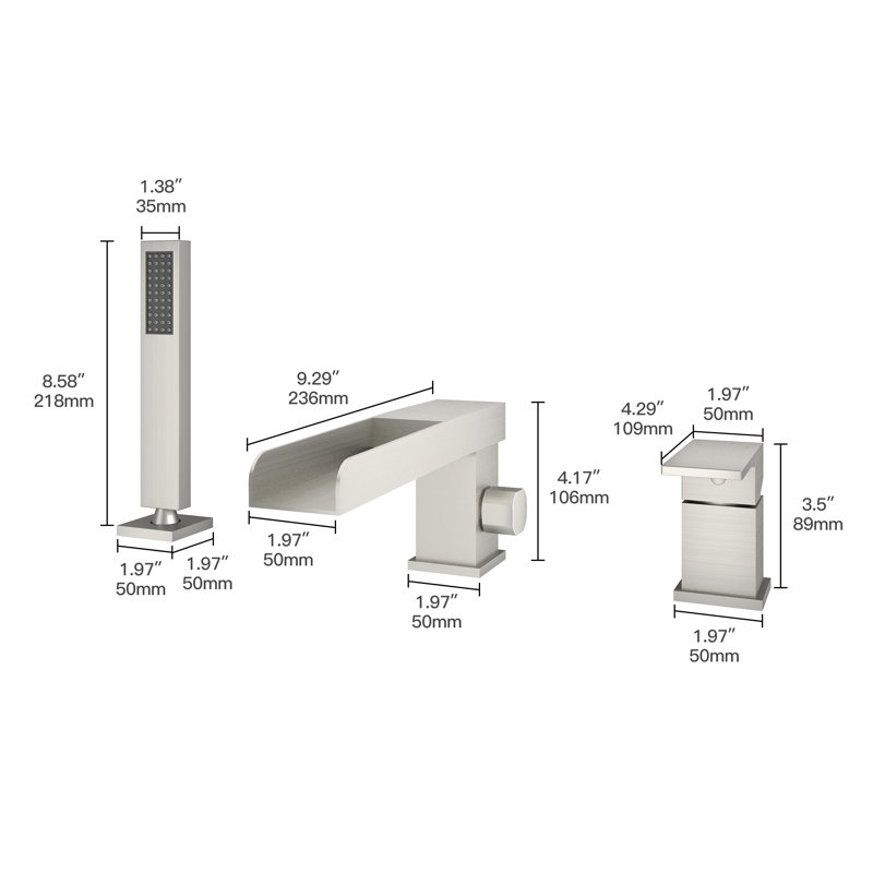 Doux Waterfall Deck-Mount Bathtub Filler Faucet with Diverter and Handheld Shower, Brushed Nickel