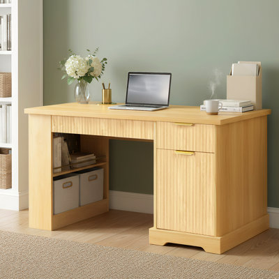55" Modern Fluted Office Desk With Storage Cabinet & Drawers, Computer Writing Desk With Power Outlet, Pegboard, Built-In Shelves And Keyboard Tray For Study, Living Room, Home Office, Light Oak