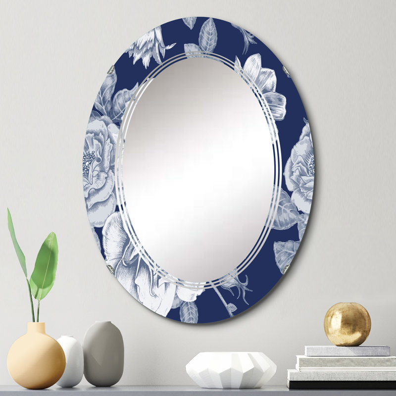 Miroir mural blanc à fleurs rétro, motif ovale - Fleurs blanches rétro sur bleu classique I, 30 po x 20 po