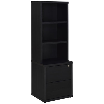 Ensemble de bibliothèque trois pièces en noir, s'adaptant comme unité murale ou tablette de tour, avec des tablettes ouvertes, des tiroirs sécurisés et des ports de chargement pour améliorer l'organisation de l'espace de vie principal.