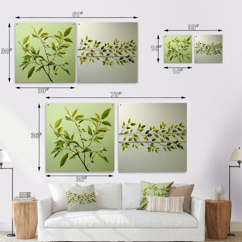 «Green Ferm Simple Collage - Leaves», ensemble d'art mural en acrylique sur verre, H 16 po x l 33 po