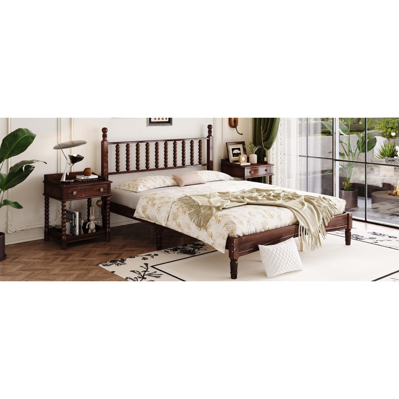 Retro Style Wood Platform Bed with Gourd Shaped Headboard and Wooden Slat Support, Offering Durable and Comfortable Sleep Experience