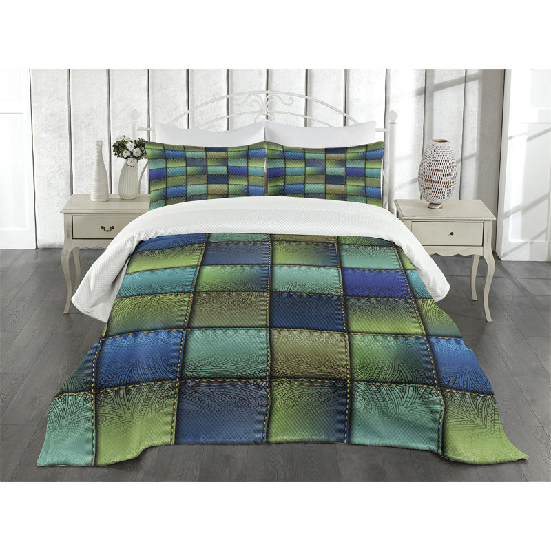 King Size Blue Green Quilted Bedspread Set