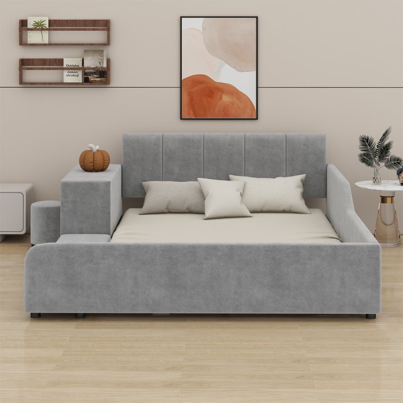 Upholstered Grounded Bed, Child Bed With Bedside Desk And Little Round Stool, Gray, Full