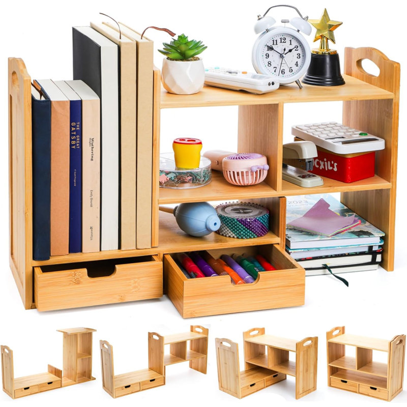 Bibliothèque de bureau en bambou, bibliothèque de comptoir extensible, étagère de rangement avec tablettes antidérapantes, joli petit casier de présentation pour fournitures de bureau, aucun assemblage requis