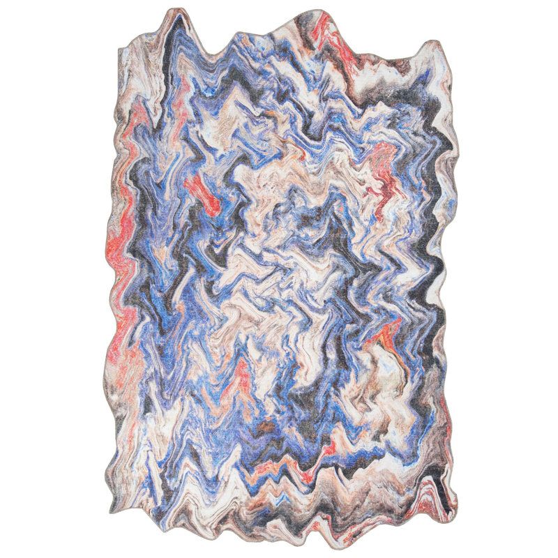 Novelty Abstract Machine Made Machine Woven Polyester Area Rug in Blue/Red/Ivory, Novelty 4'7" x 6'3"