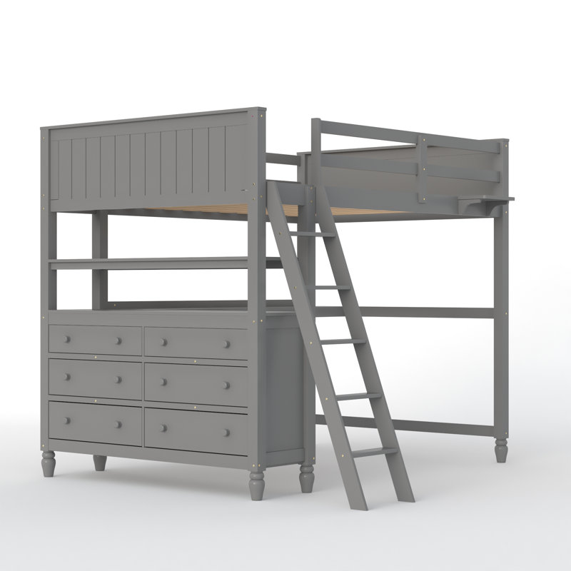 Lit mezzanine avec tiroirs et bureau, gris