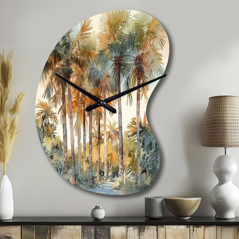 Green Palm Tree Paradise III - Horloges murales asymétriques vertes en métal, horloge murale, Petit