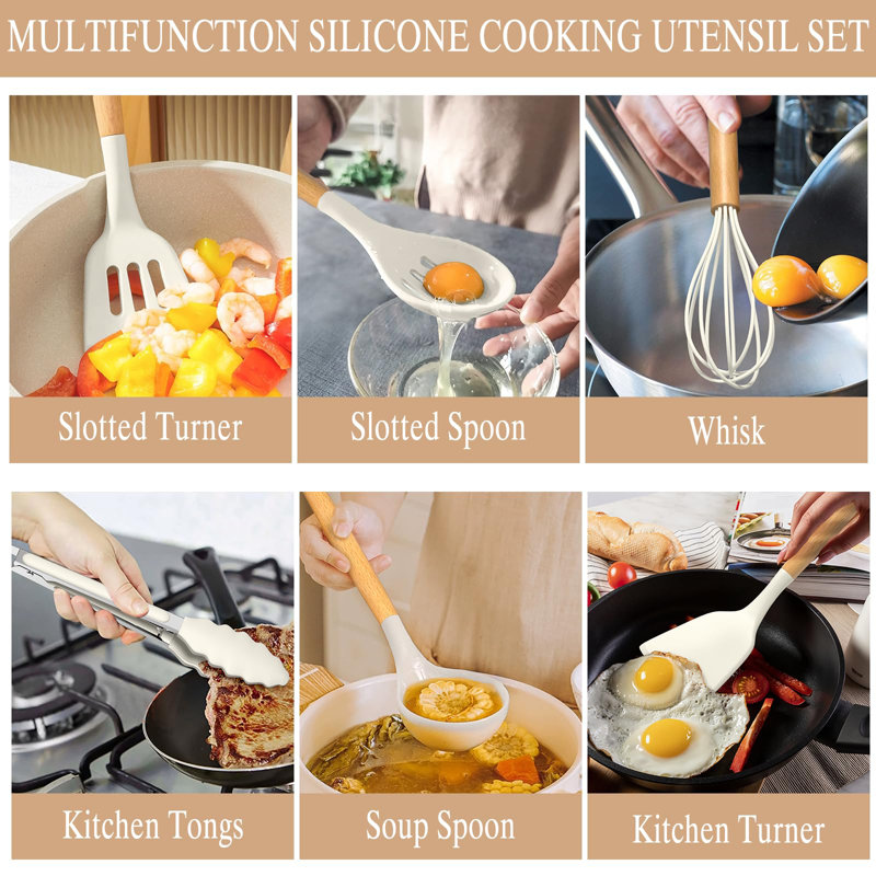 Cream White 33-Piece Silicone and Wood Cooking Utensil Set