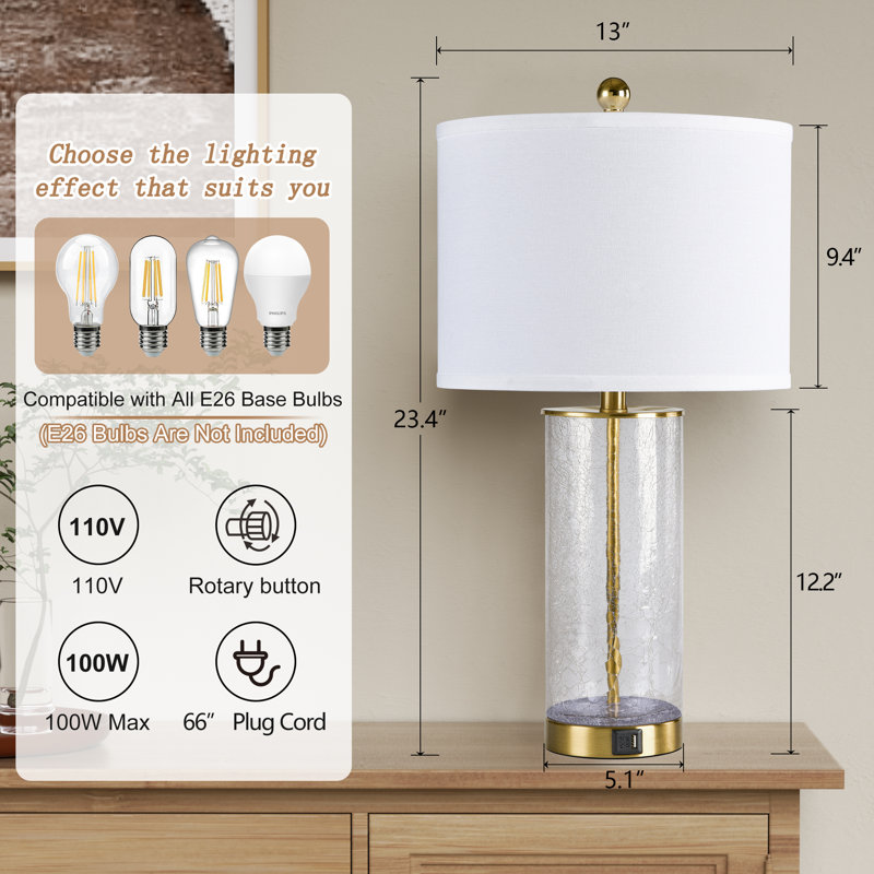Ensemble de lampes de table en métal et verre 23,25 "Quinita Modern Glam MCM (avec USB) - Funky Modern, Doré
