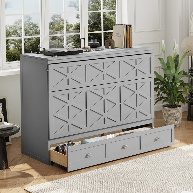 Lit escamotable avec grands tiroirs et port USB, Gris