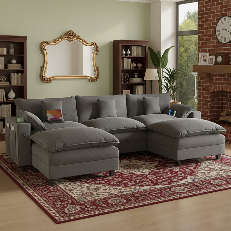 Sectional Couches for Living Room,116" U‑Shaped Modular Sectional with Ottoman, Cup Holders & USB Ports- Chenille Cloud Couch, 5-Seat Deep Seat Sofa for Apartment, Gray