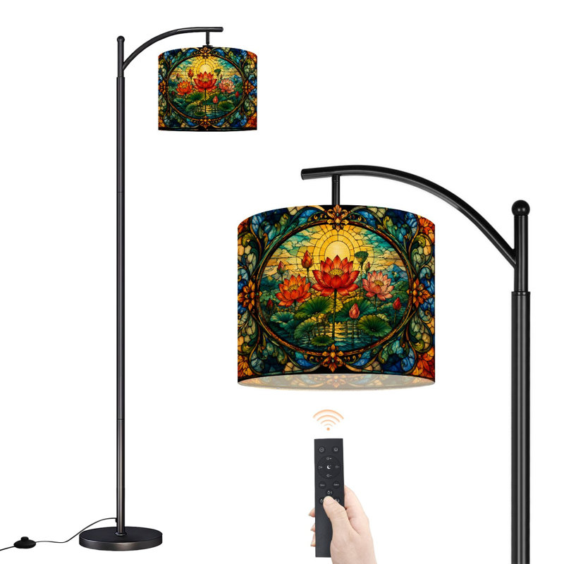  Lampe sur pied à arc en verre teinté Fleurs de lotus aux couleurs vives Bordures ornées Grande lampe sur pied moderne Abat-jour réglable en lin à 3 couleurs