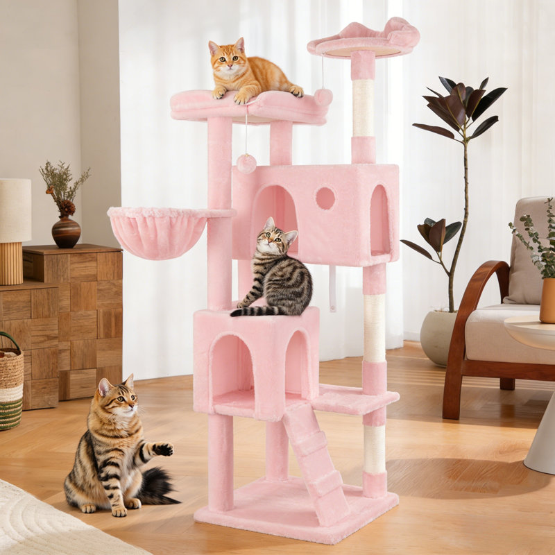 Arbre à chat 64 pouces avec plusieurs condos et poteaux à griffer, Rose