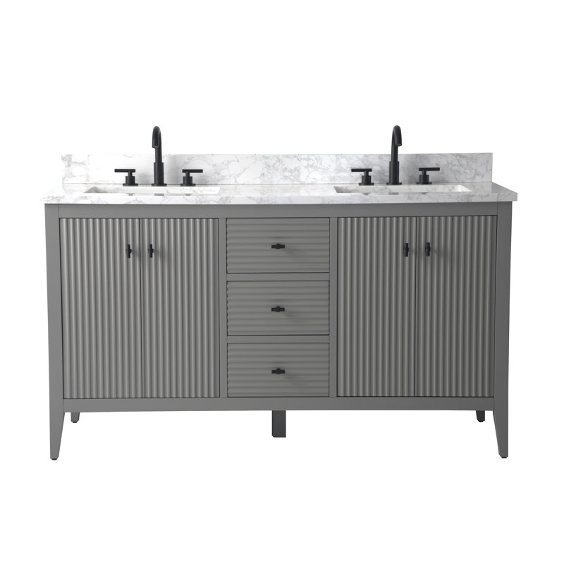 Ensemble de meuble-lavabo autoportant à double cuve 60 po avec plateau en marbre lavabo Lavallon, Noir mat